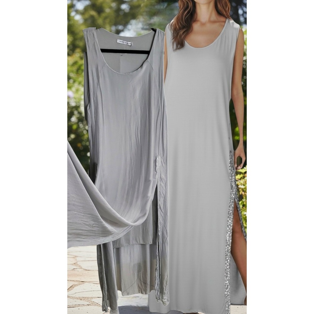 Tempo Paris Womens S Silk Blend Sequin Trim Maxi Dress Lagenlook Lux Italy